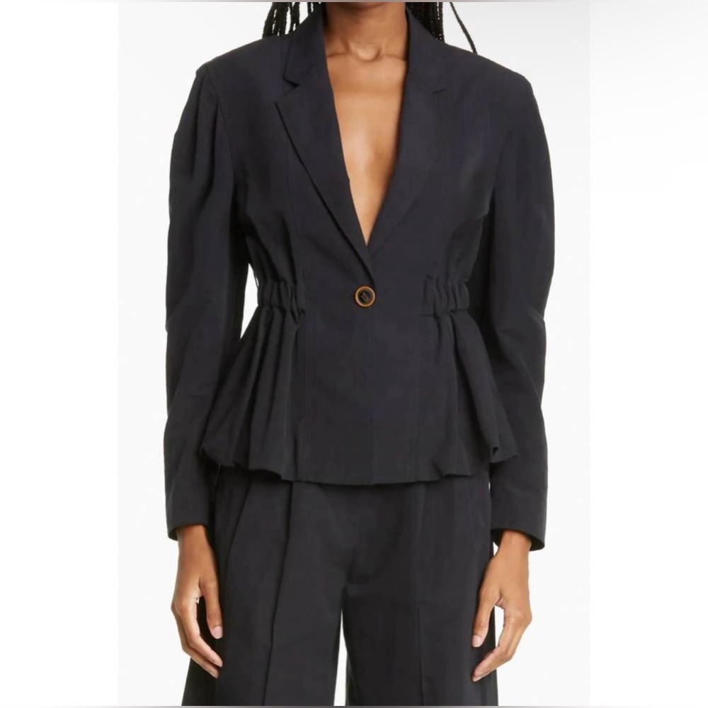Ulla Johnson l S Marras Noir Puff Sleeve Pleated Stretch Collared Peplum Jacket